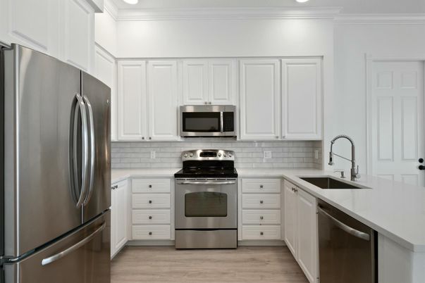 Interior, Kitchen, Recessed Lighting, Stainless Steel Appliances, Wood Texture Flooring