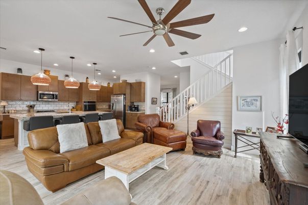 Interior, Kitchen, Living room, Pendant Lights, Recessed Lighting, Stainless Steel Appliances, Wood Texture Flooring