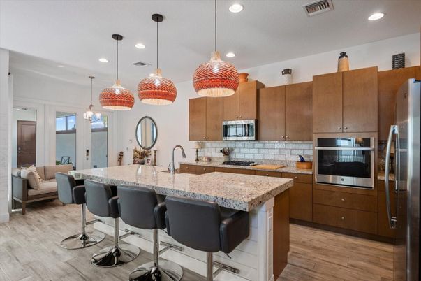 Interior, Kitchen, Pendant Lights, Recessed Lighting, Stainless Steel Appliances, Wood Texture Flooring