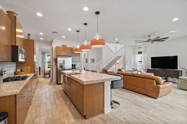 Interior, Kitchen, Living room, Pendant Lights, Recessed Lighting, Stainless Steel Appliances, Wood Texture Flooring