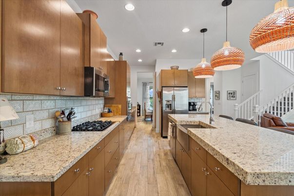 Interior, Kitchen, Pendant Lights, Recessed Lighting, Stainless Steel Appliances, Wood Texture Flooring