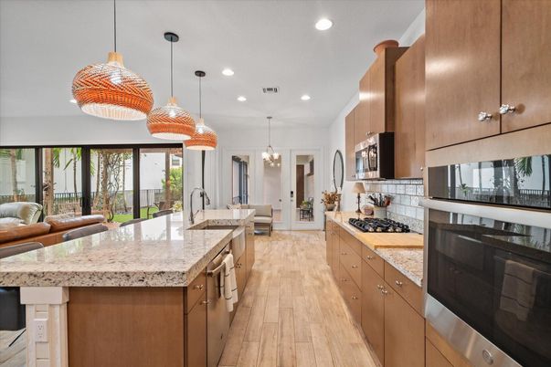 Interior, Kitchen, Pendant Lights, Recessed Lighting, Stainless Steel Appliances, Wood Texture Flooring