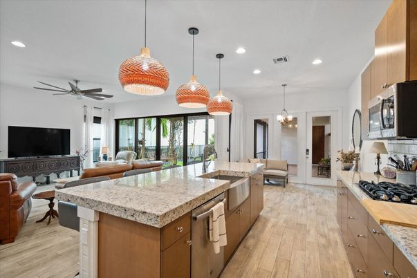 Interior, Kitchen, Living room, Pendant Lights, Recessed Lighting, Wood Texture Flooring