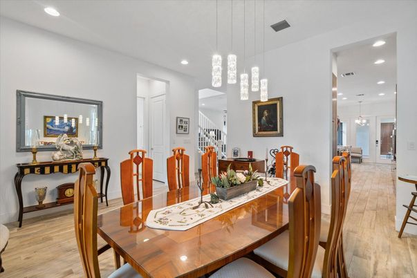 Dining room, Interior, Pendant Lights, Recessed Lighting, Wood Texture Flooring