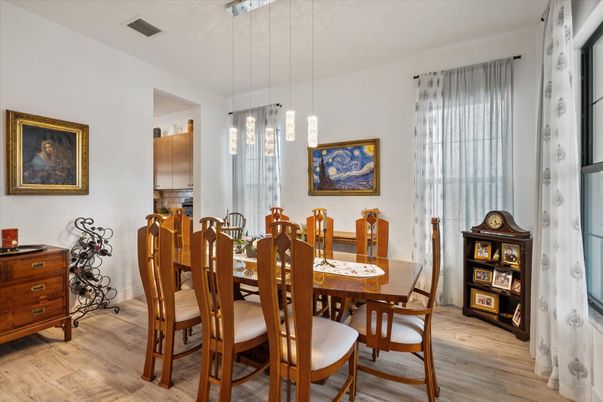 Dining room, Interior, Pendant Lights, Wood Texture Flooring
