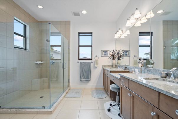 Bathroom, Dual Sink Vanities, Glass Shower, Interior, Recessed Lighting