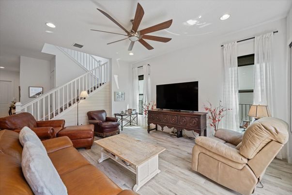 Interior, Living room, Recessed Lighting, Wood Texture Flooring