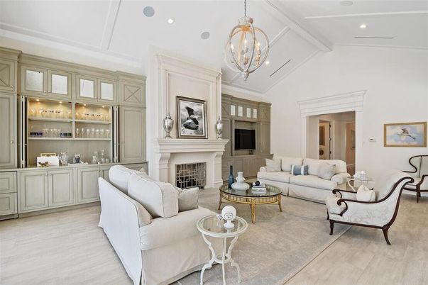 Chandelier, Fireplace, Interior, Living room, Recessed Lighting, Wood Texture Flooring