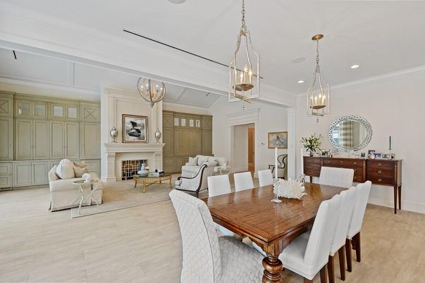 Dining room, Fireplace, Interior, Living room, Pendant Lights, Recessed Lighting, Wood Texture Flooring