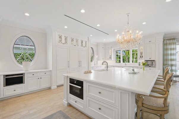 Chandelier, Interior, Kitchen, Recessed Lighting, Stainless Steel Appliances, Wood Texture Flooring