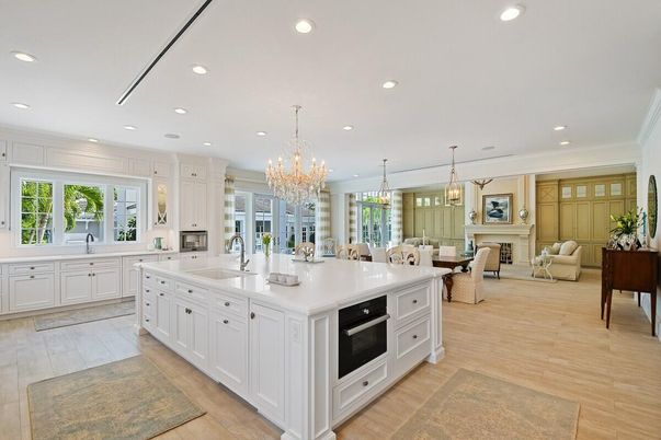Chandelier, Dining room, Fireplace, Interior, Kitchen, Living room, Pendant Lights, Recessed Lighting, Wood Texture Flooring