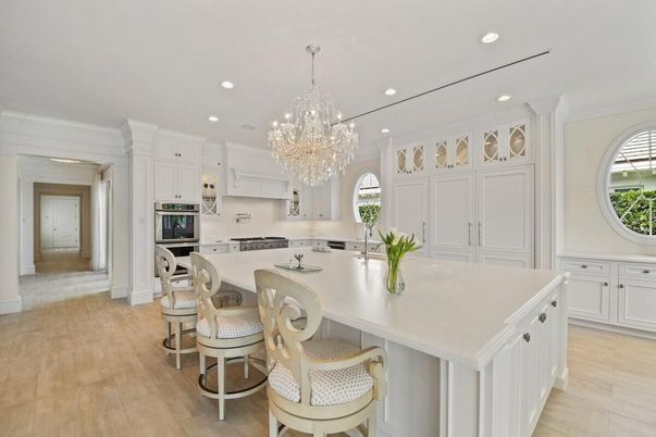 Chandelier, Interior, Kitchen, Recessed Lighting, Stainless Steel Appliances, Wood Texture Flooring