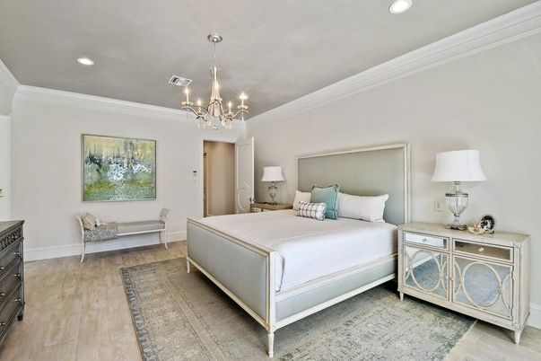 Bedroom, Chandelier, Interior, Recessed Lighting, Wood Texture Flooring