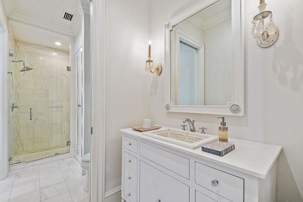 Bathroom, Glass Shower, Interior, Marble, Marble Walls, Recessed Lighting
