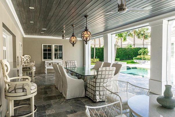 Dining room, Interior, Pendant Lights, Pool, Wooden Ceilings