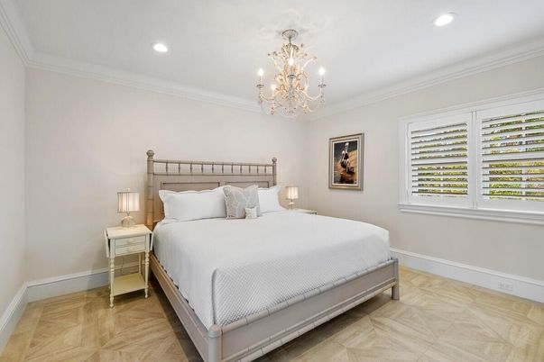 Bedroom, Chandelier, Interior, Recessed Lighting, Wood Texture Flooring