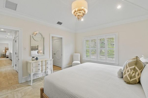 Bedroom, Chandelier, Interior, Recessed Lighting, Wood Texture Flooring