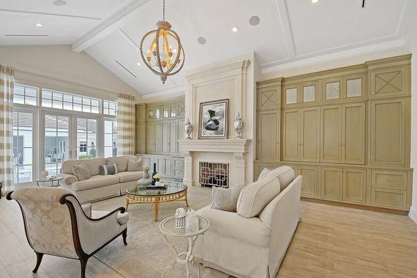 Chandelier, Fireplace, Interior, Living room, Pendant Lights, Recessed Lighting, Wood Texture Flooring
