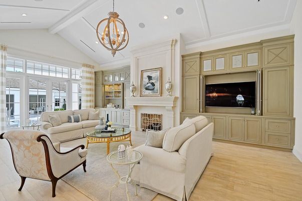 Chandelier, Fireplace, Interior, Living room, Recessed Lighting, Wood Texture Flooring