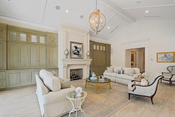 Chandelier, Fireplace, Interior, Living room, Recessed Lighting, Wood Texture Flooring