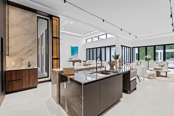 Dining room, Interior, Kitchen, Living room, Marble Walls, Recessed Lighting