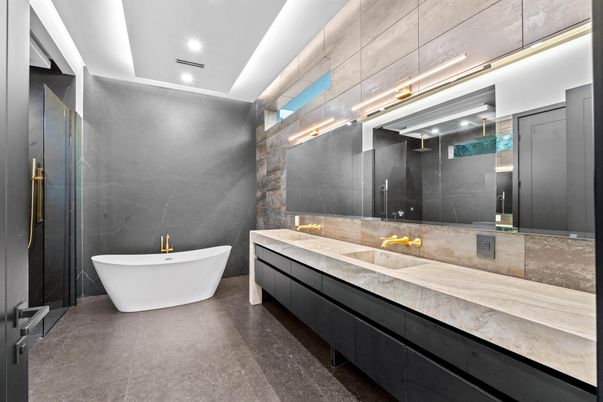 Bathroom, Dual Sink Vanities, Free Standing Baths, Interior, Marble Walls, Recessed Lighting