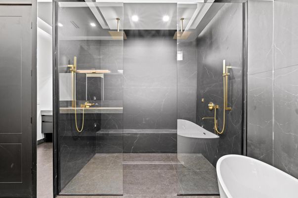 Bathroom, Glass Shower, Interior, Recessed Lighting