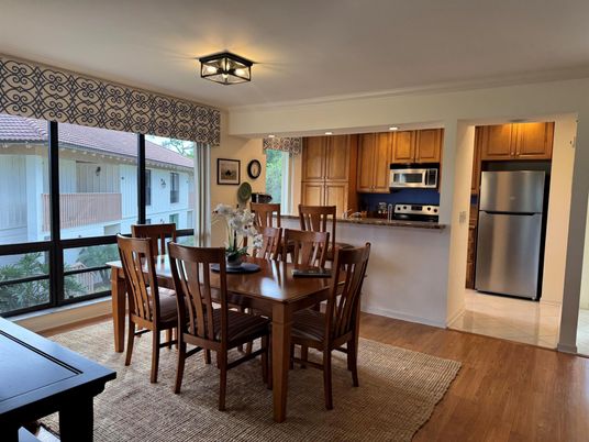 Dining room, Interior, Kitchen, Stainless Steel Appliances, Wood Texture Flooring