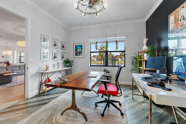 Chandelier, Home Office, Interior, Wood Texture Flooring