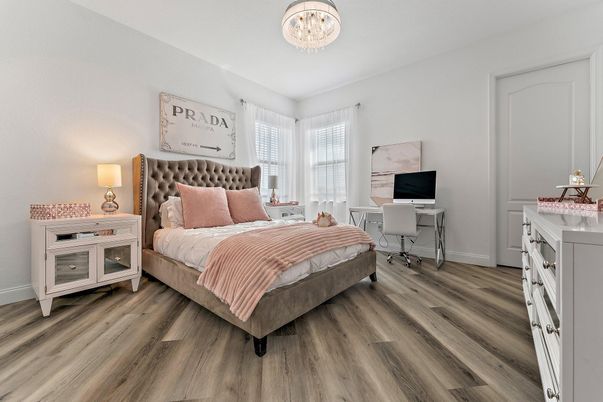 Bedroom, Chandelier, Home Office, Interior, Wood Texture Flooring