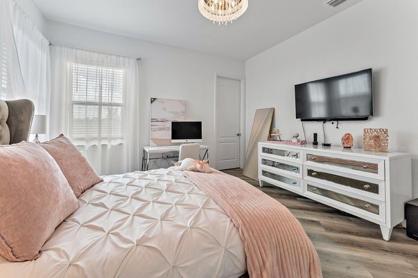 Bedroom, Chandelier, Interior, Wood Texture Flooring
