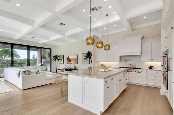 Interior, Kitchen, Living room, Pendant Lights, Recessed Lighting, Wood Texture Flooring