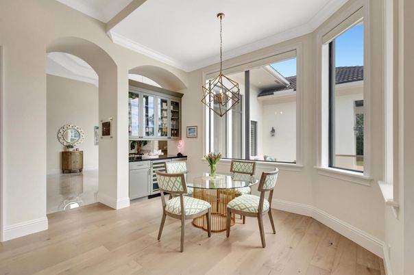 Dining room, Interior, Pendant Lights, Wood Texture Flooring