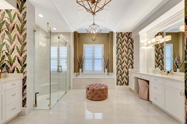 Bathroom, Chandelier, Glass Shower, Interior, Pendant Lights, Recessed Lighting