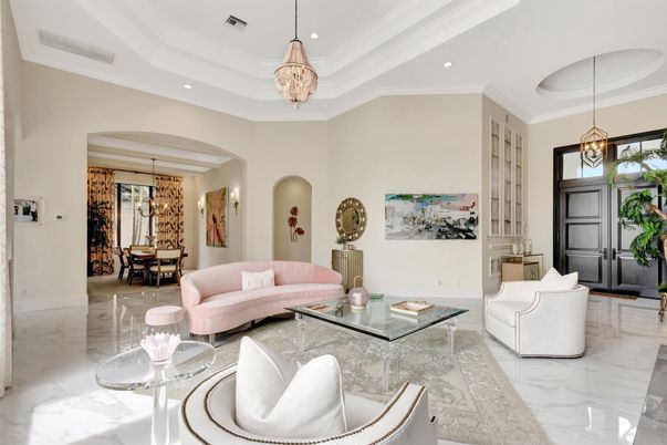 Dining room, Interior, Living room, Marble, Pendant Lights, Recessed Lighting