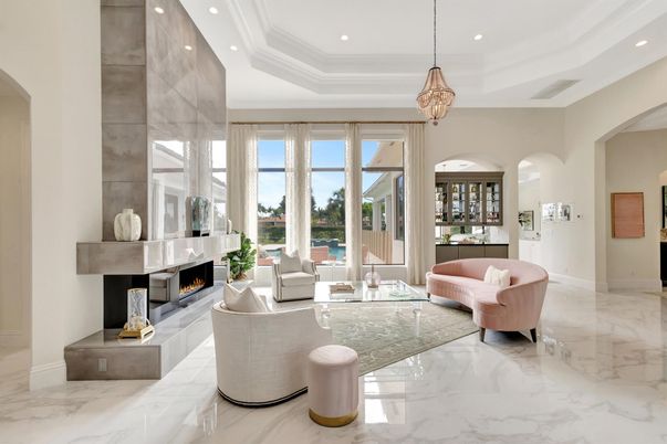 Fireplace, Interior, Living room, Marble, Pendant Lights, Recessed Lighting