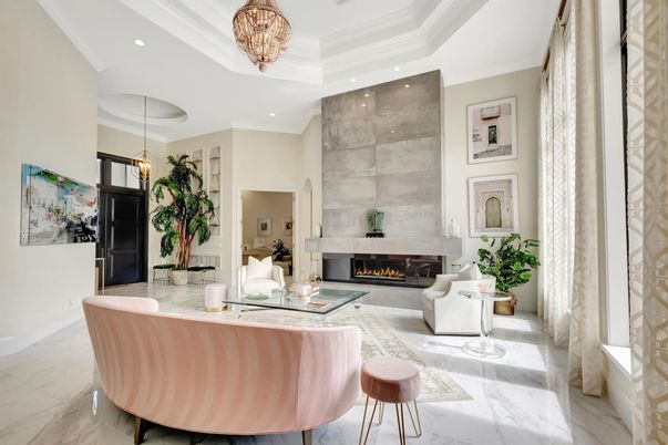 Chandelier, Fireplace, Interior, Living room, Marble, Pendant Lights, Recessed Lighting