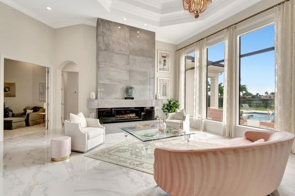 Fireplace, Interior, Living room, Marble, Recessed Lighting, Water