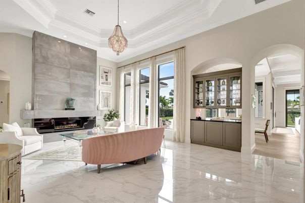 Chandelier, Fireplace, Interior, Living room, Marble, Pendant Lights, Recessed Lighting