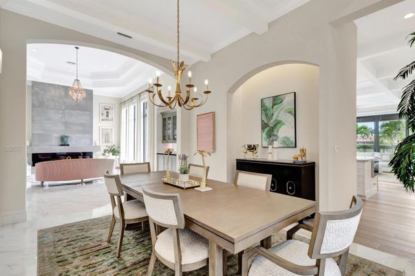 Chandelier, Dining room, Interior, Living room, Marble, Recessed Lighting, Wood Texture Flooring