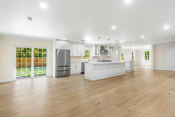 Interior, Kitchen, Pendant Lights, Recessed Lighting, Stainless Steel Appliances, Wood Texture Flooring
