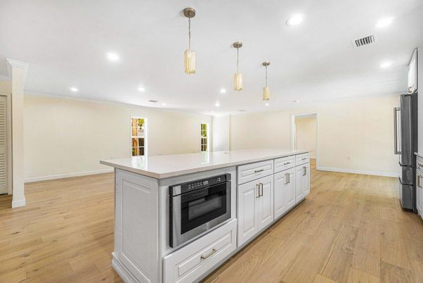 Interior, Kitchen, Pendant Lights, Recessed Lighting, Wood Texture Flooring