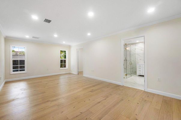 Bathroom, Empty room, Interior, Marble, Recessed Lighting, Wood Texture Flooring