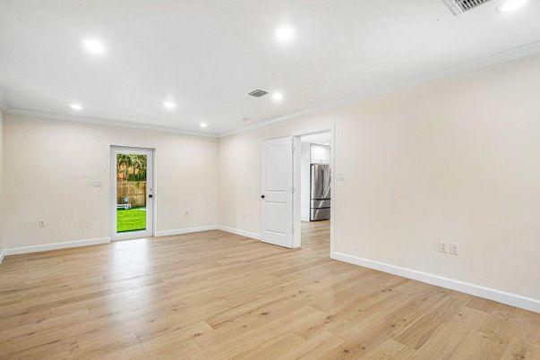 Empty room, Interior, Kitchen, Recessed Lighting, Wood Texture Flooring