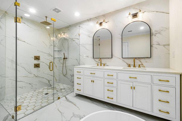 Bathroom, Dual Sink Vanities, Glass Shower, Interior, Marble, Marble Walls, Recessed Lighting