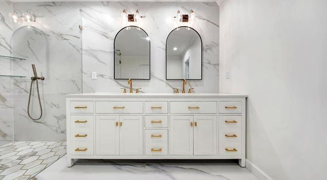 Bathroom, Dual Sink Vanities, Interior, Marble, Marble Walls