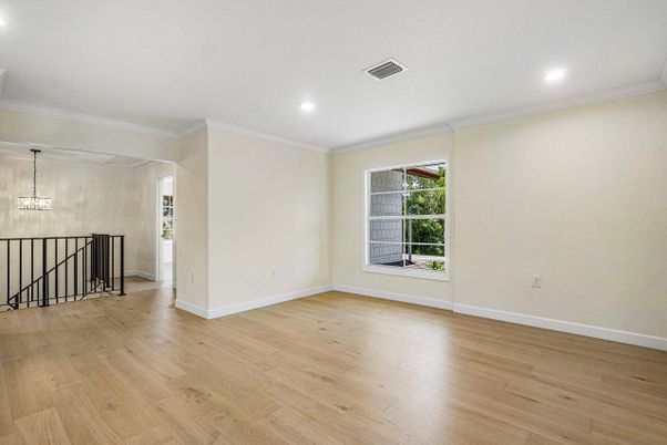 Empty room, Interior, Pendant Lights, Recessed Lighting, Wood Texture Flooring