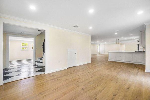 Empty room, Interior, Kitchen, Pendant Lights, Recessed Lighting, Wood Texture Flooring