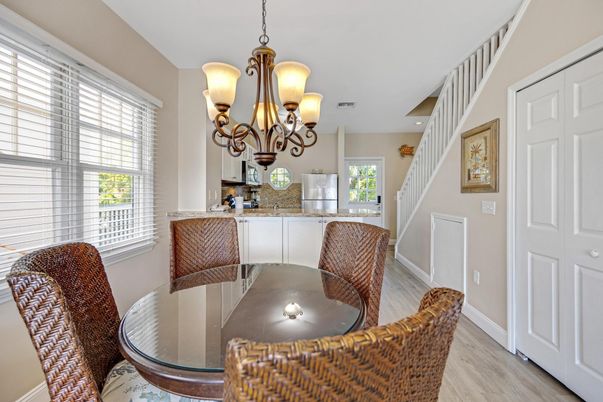 Chandelier, Dining room, Interior, Recessed Lighting, Wood Texture Flooring