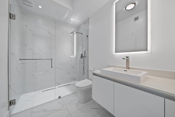Bathroom, Glass Shower, Interior, Marble, Marble Walls, Recessed Lighting